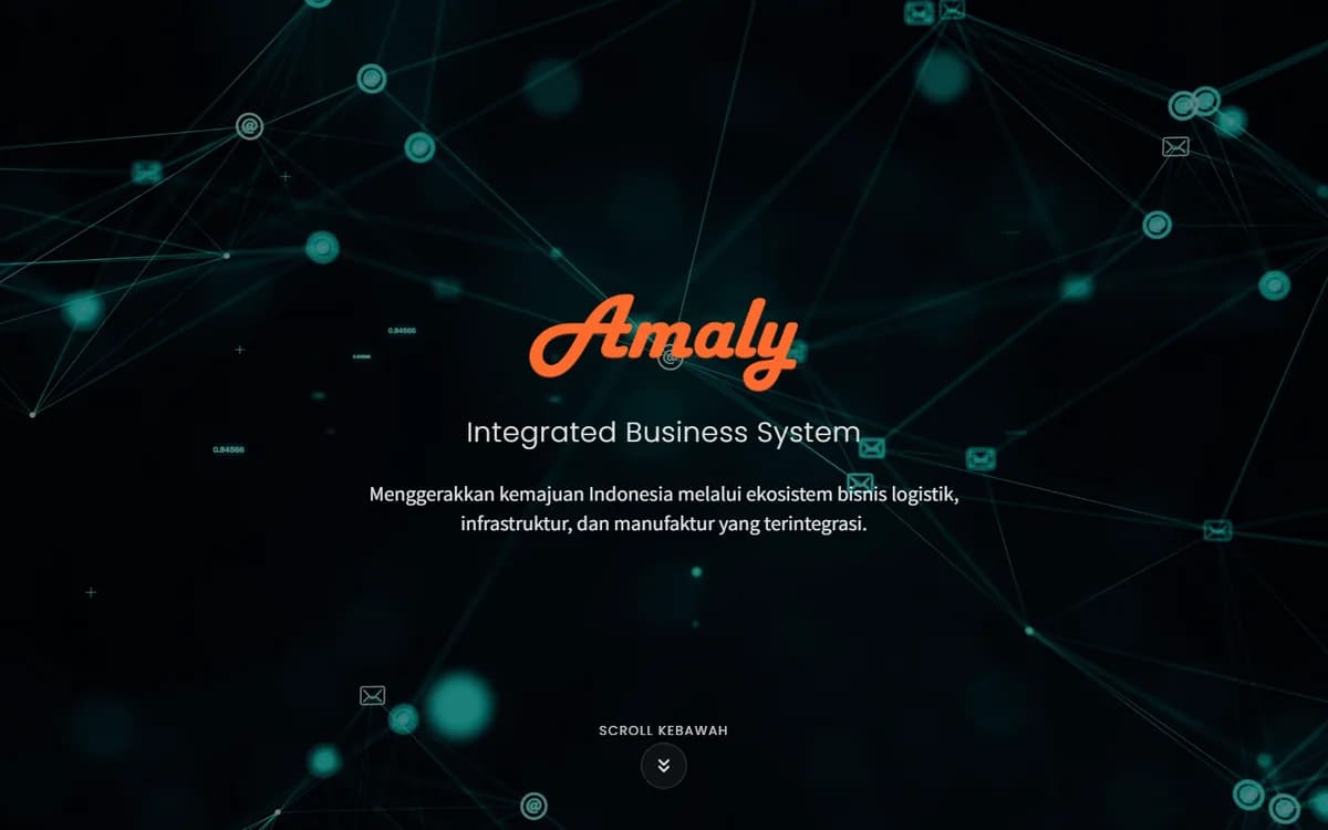 Halaman utama Amaly System dengan identitas brand dan tagline Integrated Business System