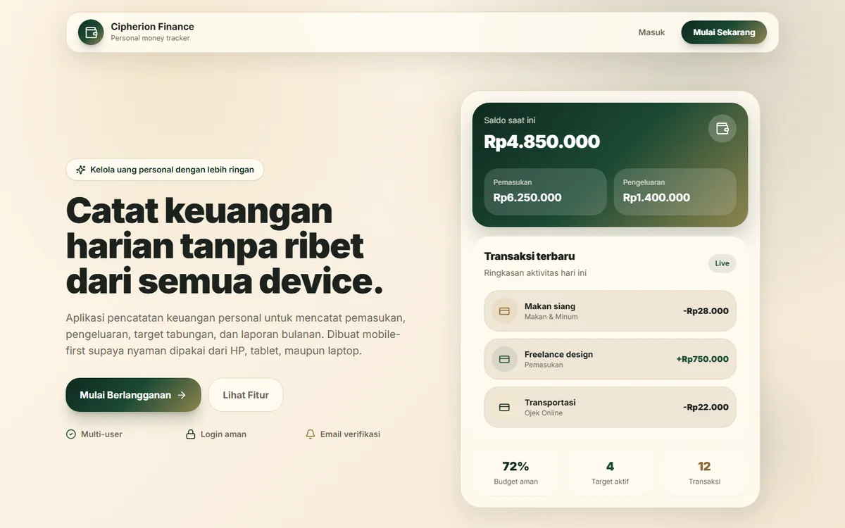 Beranda Cipherion Finance dengan ringkasan saldo dan daftar transaksi terbaru