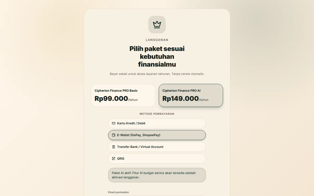 Halaman paket harga Cipherion Finance