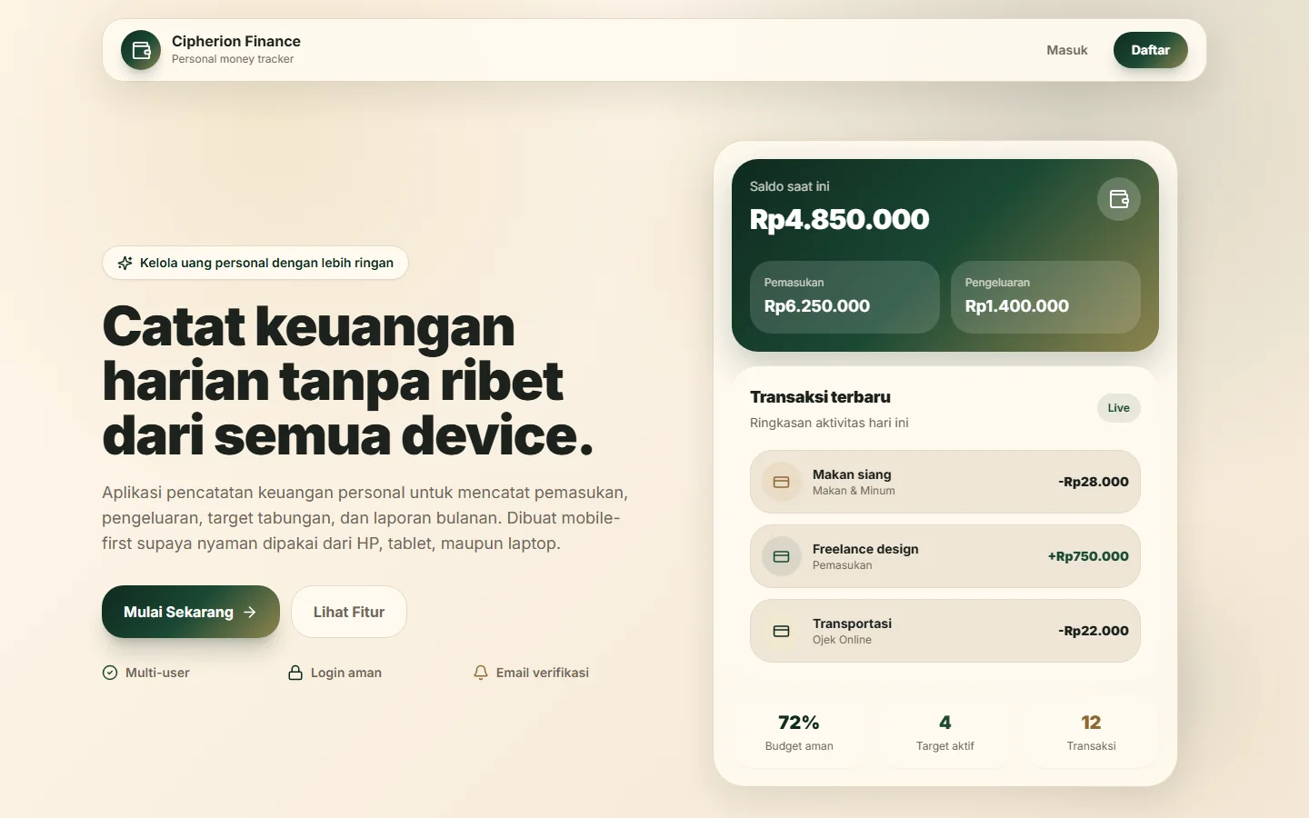 Tampilan website Catat Cipherion