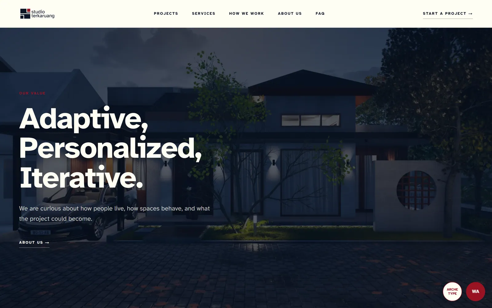 Studio Terkaruang: Beranda dengan hero foto arsitektur (tampilan desktop)