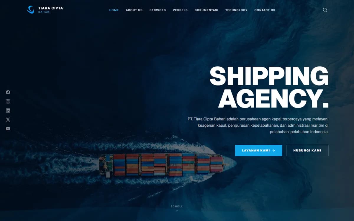 Beranda Tiara Cipta Bahari dengan foto kapal kontainer dan judul Shipping Agency
