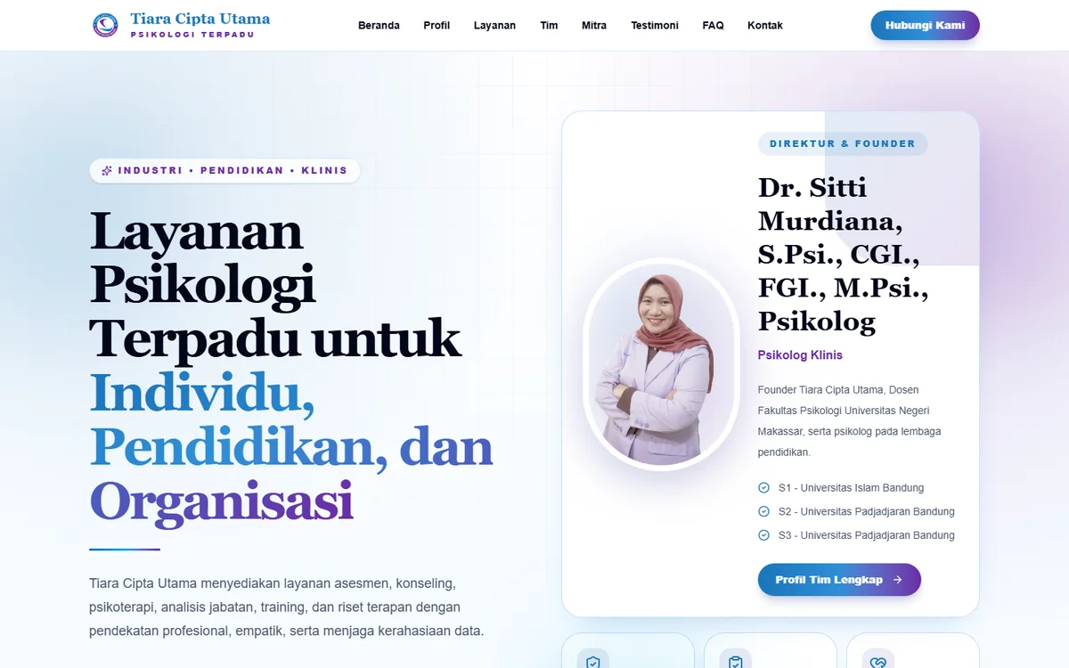 Beranda Tiara Cipta Utama dengan judul layanan psikologi dan kartu profil direktur