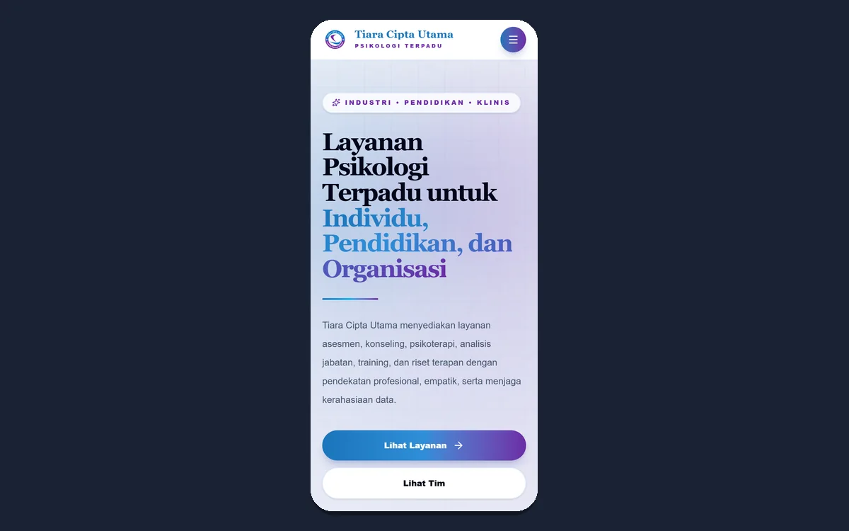 Tiara Cipta Utama di layar ponsel dengan menu ringkas dan tombol aksi melebar penuh
