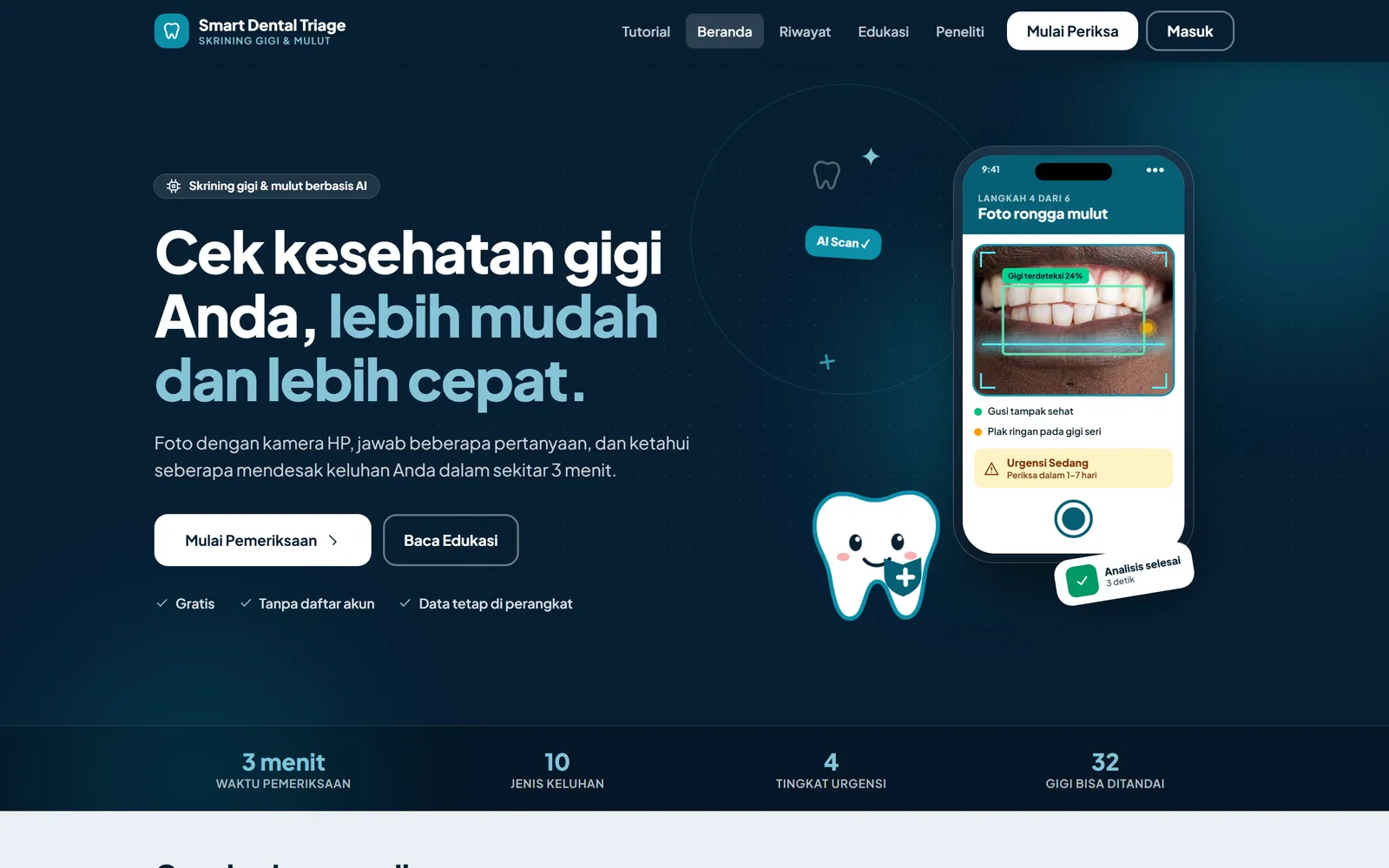 Smart Dental Triage: Beranda: skrining gigi dan mulut dengan foto (tampilan desktop)