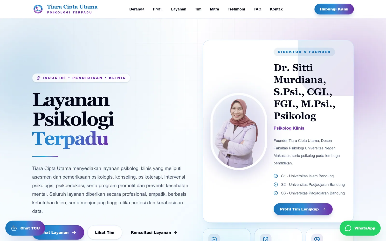 Tiara Cipta Utama: Beranda dengan profil direktur dan layanan psikologi terpadu (tampilan desktop)