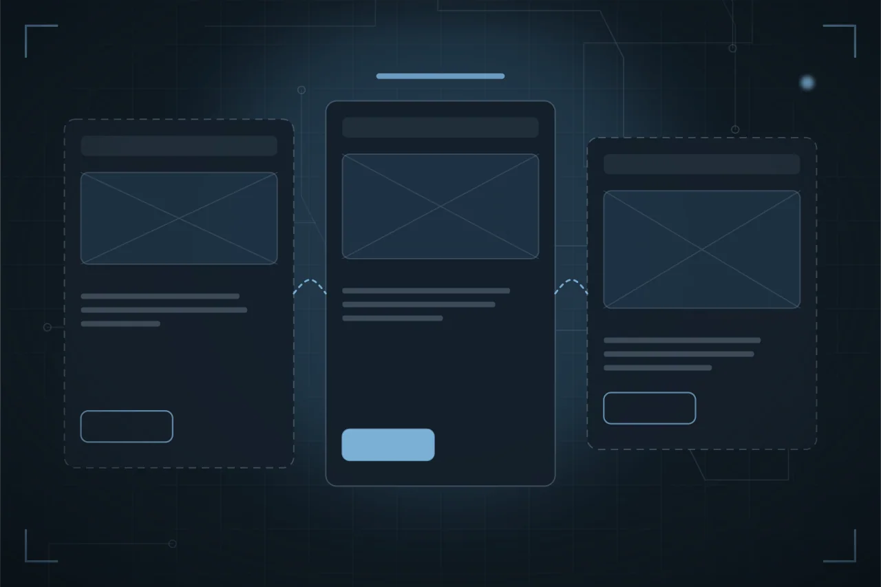 Ilustrasi tiga layar wireframe yang saling terhubung