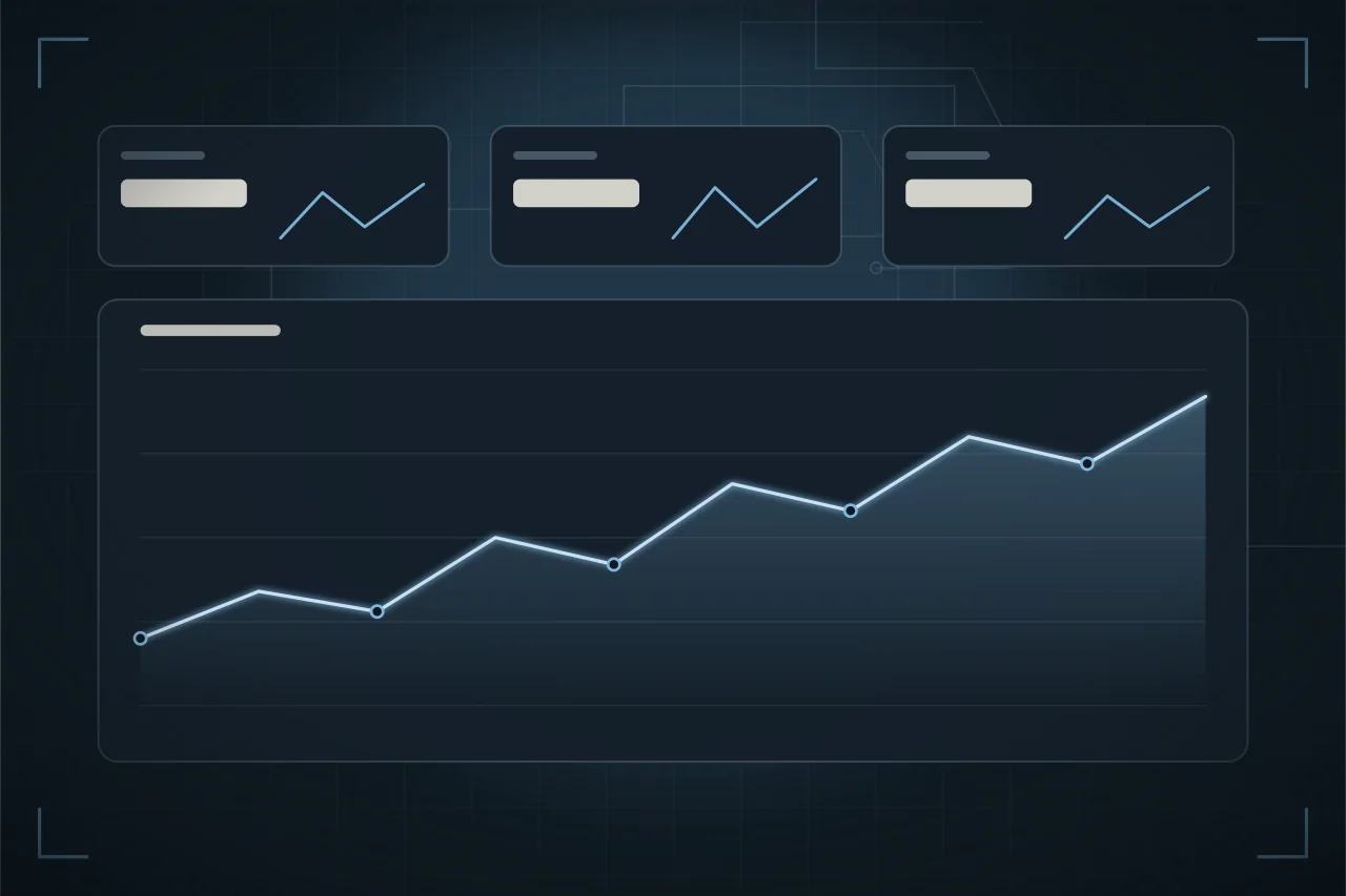 Ilustrasi dashboard dengan kartu metrik dan grafik garis yang naik